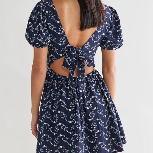 Navy Mini Dress with White Floral Design - Picture 2 of 6